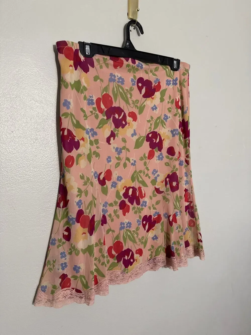 Womens Size S Vintage Y2K 90s Express Above the Knee Pink Floral Lace Trim Skirt